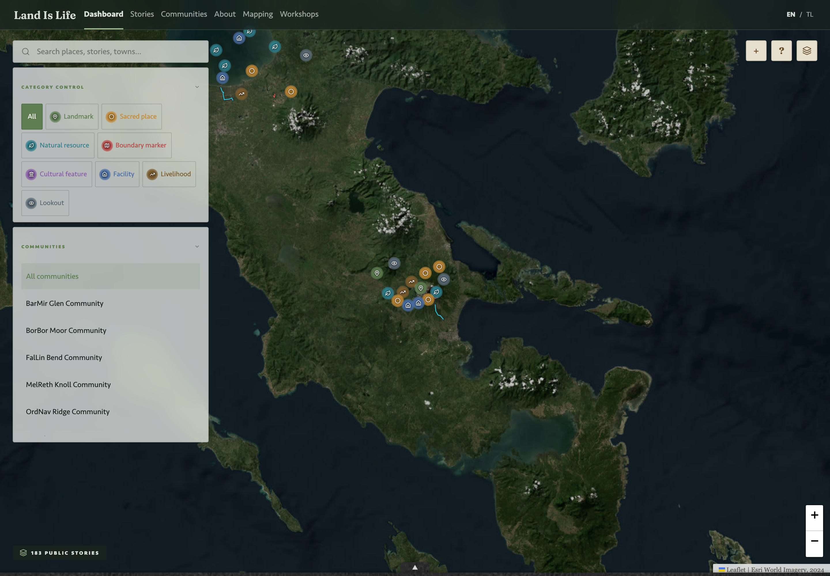 Fresh Land is Life dashboard capture with demonstration places on a satellite map